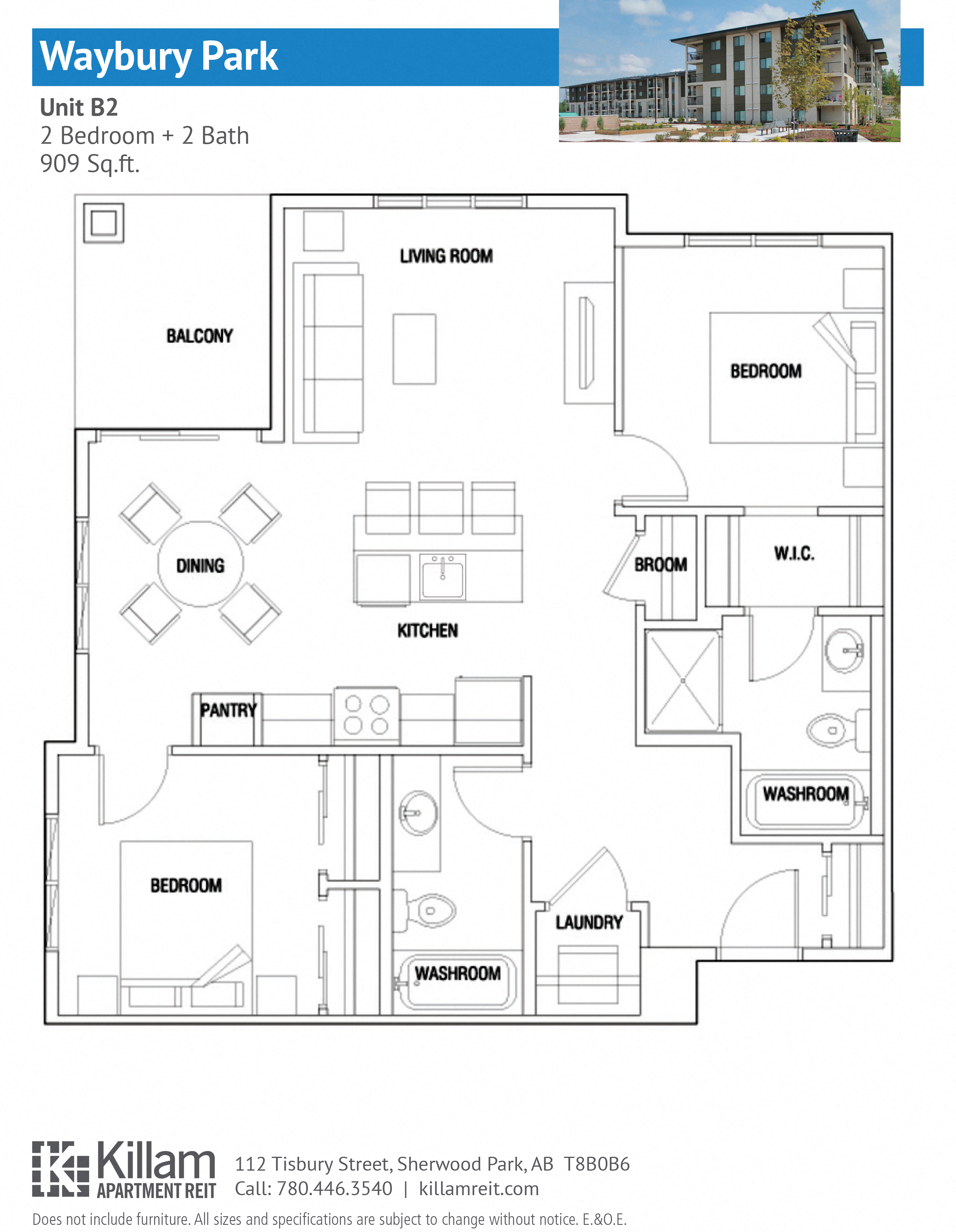 Floor plan for 2 beds, 2 baths, 909 sqft